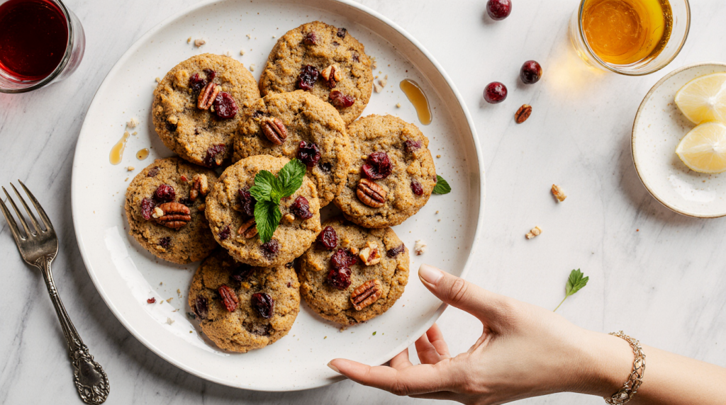 Caramel cranberry pecan cookies freshly baked on parchment paper, golden and chewy with crunchy pecans and sweet cranberries
