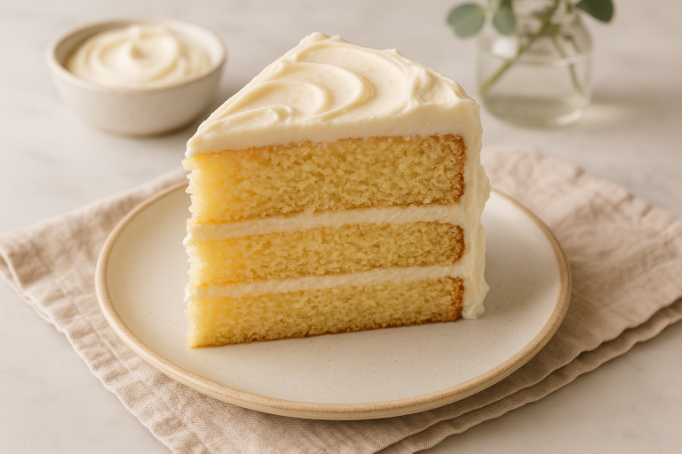 THE MOIST VANILLA CAKE served on a dessert plate with frosting and fresh berries, styled for a food blog photography
